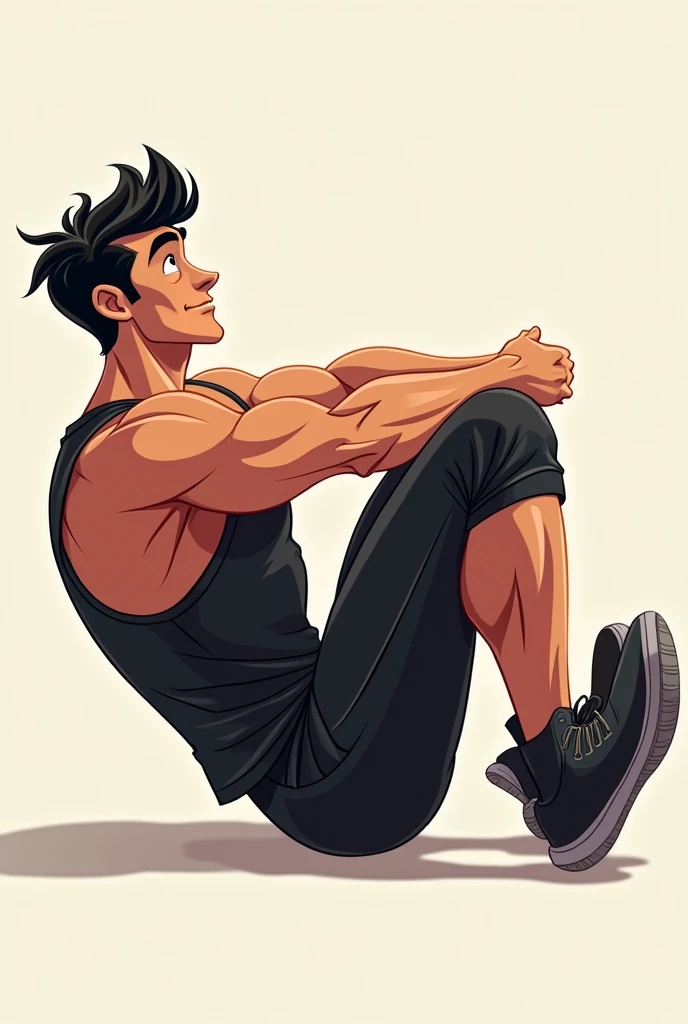 man on his back, athletic body, black jersey, Bblack hair. animated cartoon