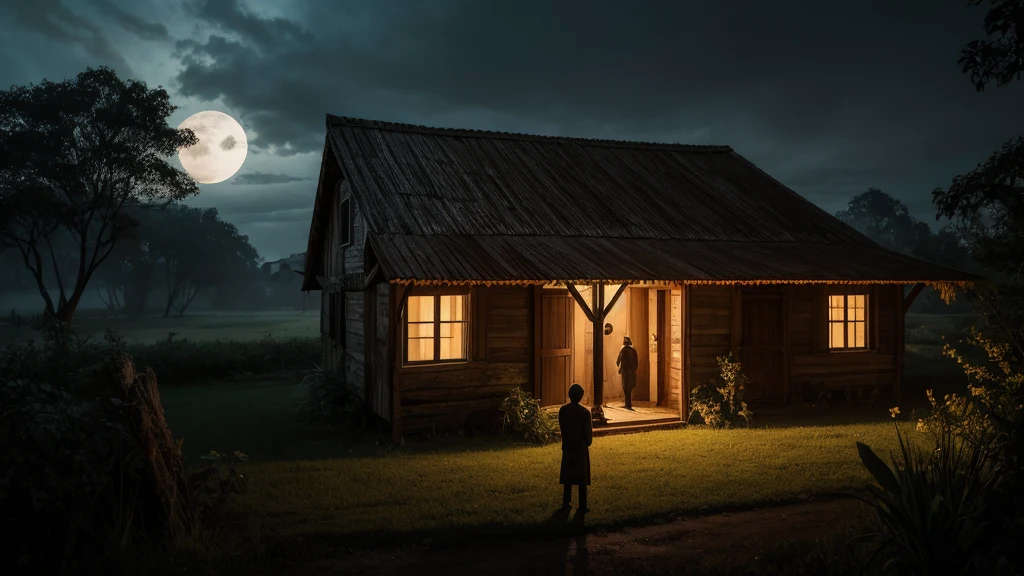 A rustic house in the remote countryside of Brazil, bathed in the fading light of dusk. The sky is a deep, ominous orange, transitioning into a dark, starless night. The house is old, with weathered wooden walls, a red-tiled roof, and overgrown vegetation encroaching on the property. The surrounding area is dense with thick, shadowy trees that cast long, twisted shadows across the ground.

In front of the house, a couple stands near their moving truck, looking at their new home with a mix of excitement and unease. The scene is unsettling, with the wind howling through the trees and the faint sound of creaking wood coming from the house. The windows of the house seem to stare back at them, dark and hollow, as if hiding a sinister presence. The atmosphere is heavy, filled with the sense that something isn't quite right, and the couple’s new beginning feels more like the start of a terrifying journey