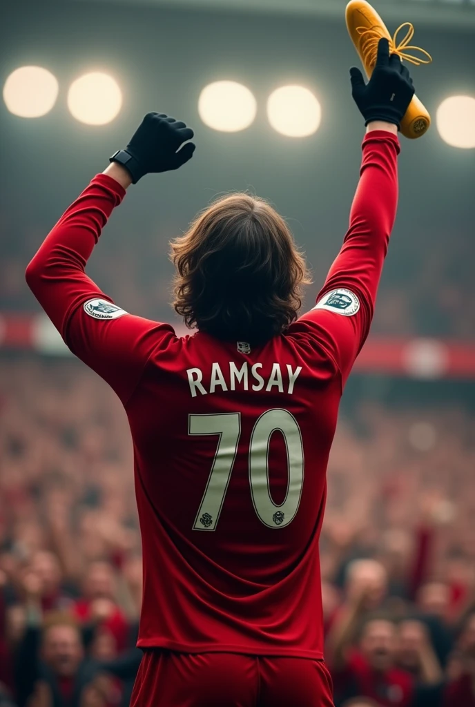 A Liverpool player named Ramsay who wears the number 70 and also wears long sleeves and black gloves and has wavy hair to eyebrow level raising his golden boot to the Liverpool fans seen from behind