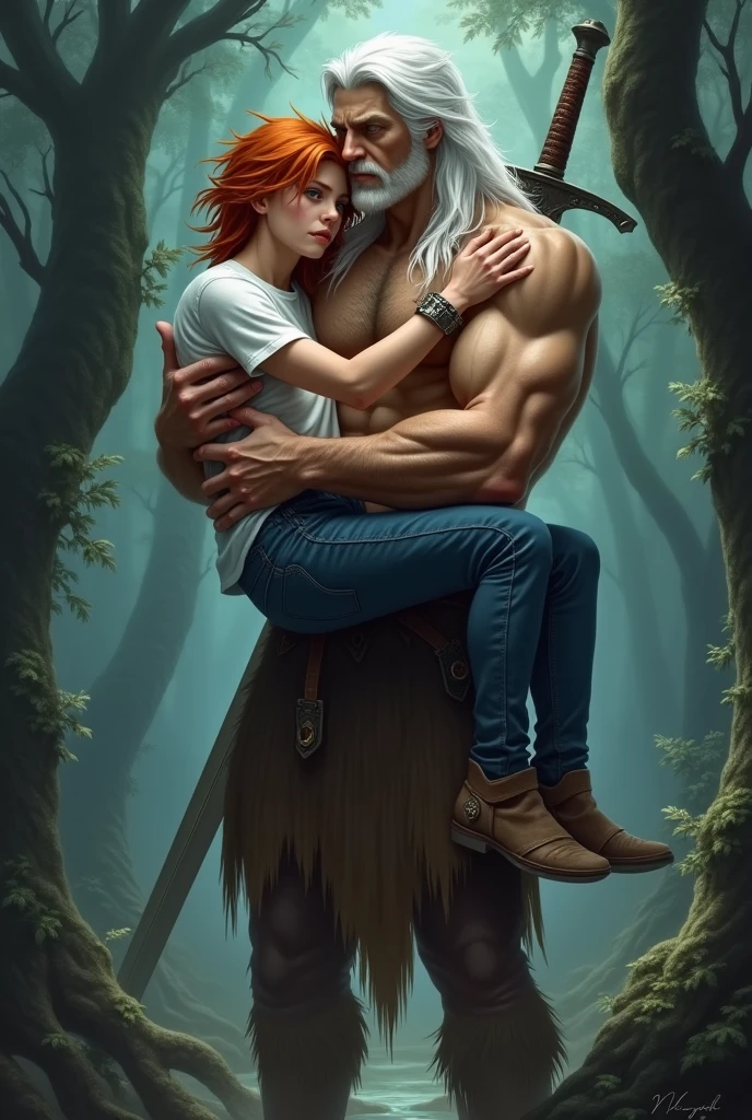 two mens, an 18 year old young man, red hair, corpo magro e red hair, wearing jeans and a white t-shirt and a man with long, white hair and a youthful appearance, much taller than the red-haired man,apparently 30 year old hairy chest, muscular and sexy with animal skin pants and holding a sword on his back. Carrying the red-haired man in their arms They are in a dark and enchanted forest.