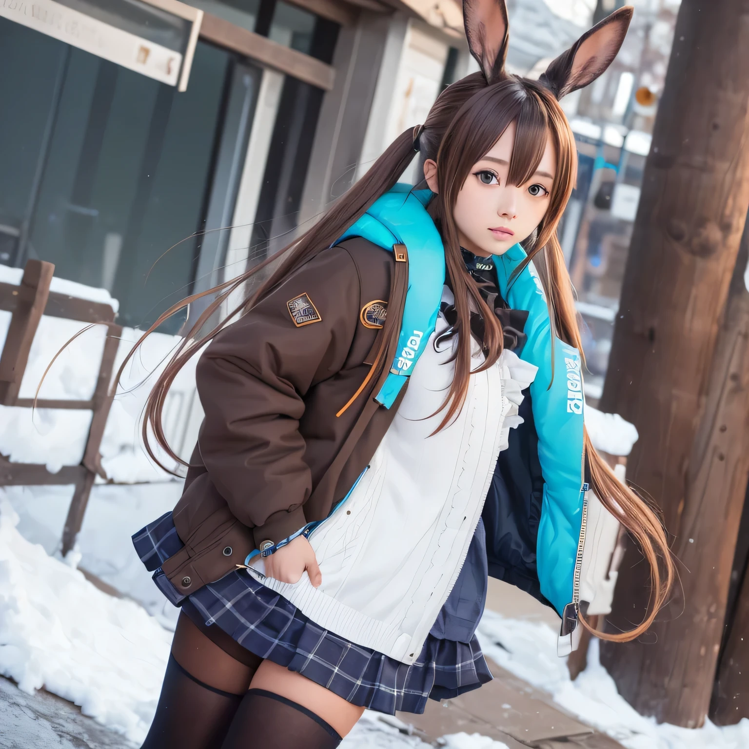 Amiya from Arknights, cosplay, hot, very long brown hairs, brown rabbit ears, white frilled shirt, navy blue winter puffer jacket, open jacket, blue ascot, blue skirt, black leggings, black sneakers, outdoors, festival event expo.