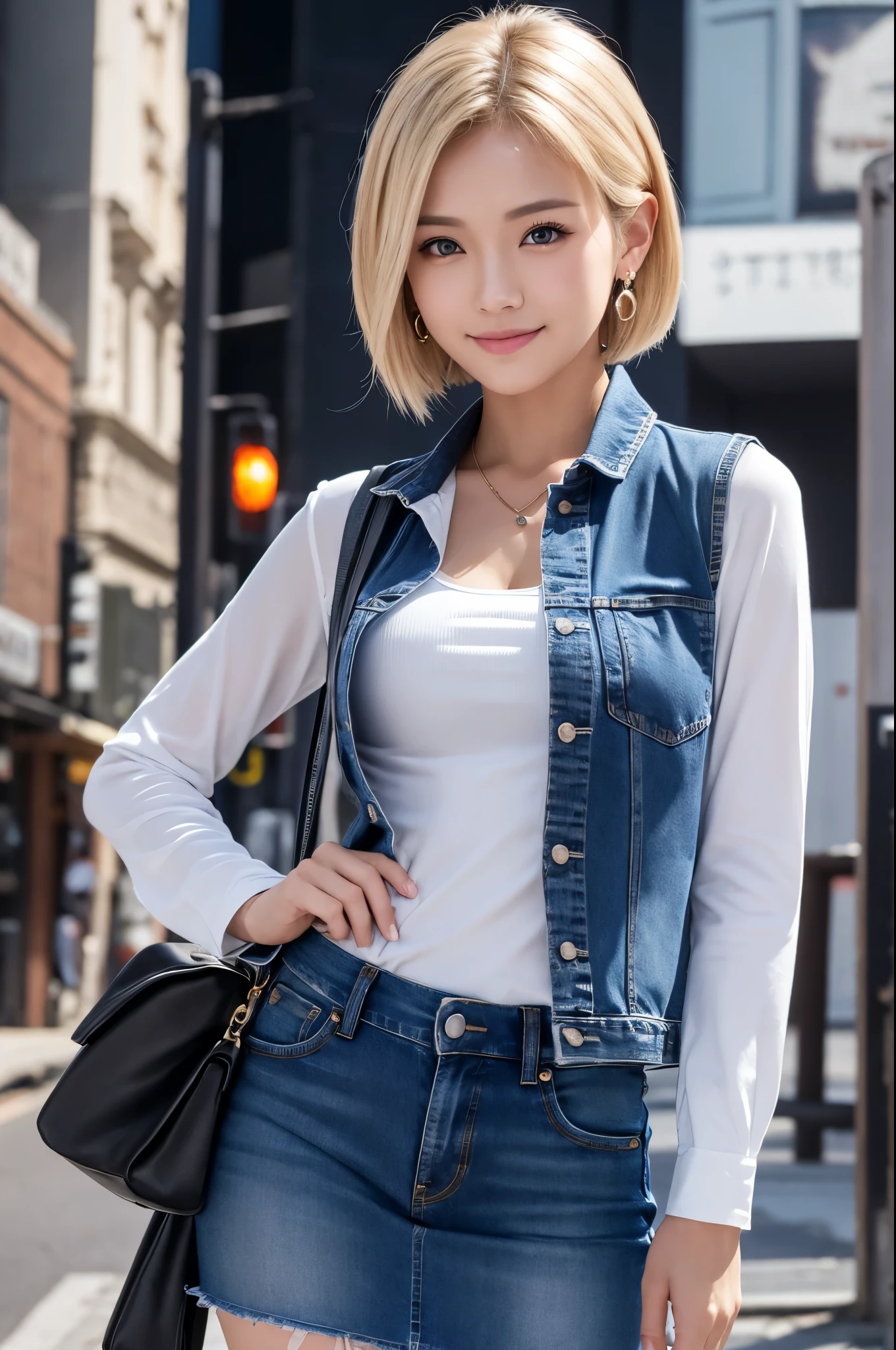 8k,Highest quality, High resolution, AND18, One Girl, Android 18, alone, Blonde, blue eyes, short hair, Earrings, jewelry, Denim dress, Open Vest, Black Pantyhose, Black Shirt, Jeans Skirt, long sleeves with stripes, Blue Skirt, Medium chest, Cowboy Shot, street, (External dilated chest: 1.2) Energy is released from the body (Blue white light effect),Highest qualityのフォトリアリスティックRAW写真。Backlight、Cinema Lighting、Film Grain、50mm lens、Nikon D850、Realistic Skin、Fantasy art、Character Art、超High resolution、muscular and slim body、超Realistic Skin、Super Muscular Beauty,smile,Dynamic karate pose with clenched fists,