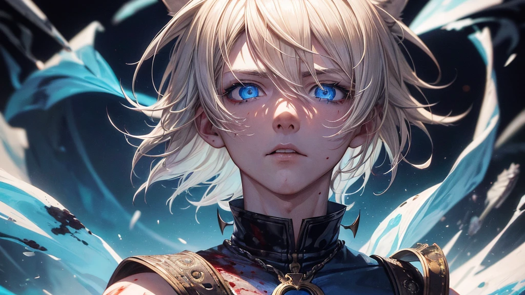 1 Male, handsome, short blonde hair, wolf ear, wolf man, (masterpiece:1.2、highest quality), (Exquisite blue eyes: 1.2), (Detailed Background、Dark fantasy), (cool detailed face), High Contrast, (Best lighting、Very delicate and cool), ((Cinema Lighting)), white dirty shirt, blood splatter, Hyper Detail, Dramatic Light, Intricate details, serious face, moon behind (21years old, 1 boy, solo, blonde short hair, messy hair,Sharp Face, blue eyes, hair between the eyes, Dynamic), (Blood splatter:1.4), Black light swirling around the character, Depth of written boundary, light particles, Spectacular anime style, zerochan art, Anime Wallpaper, High quality anime art style, Key Anime Art