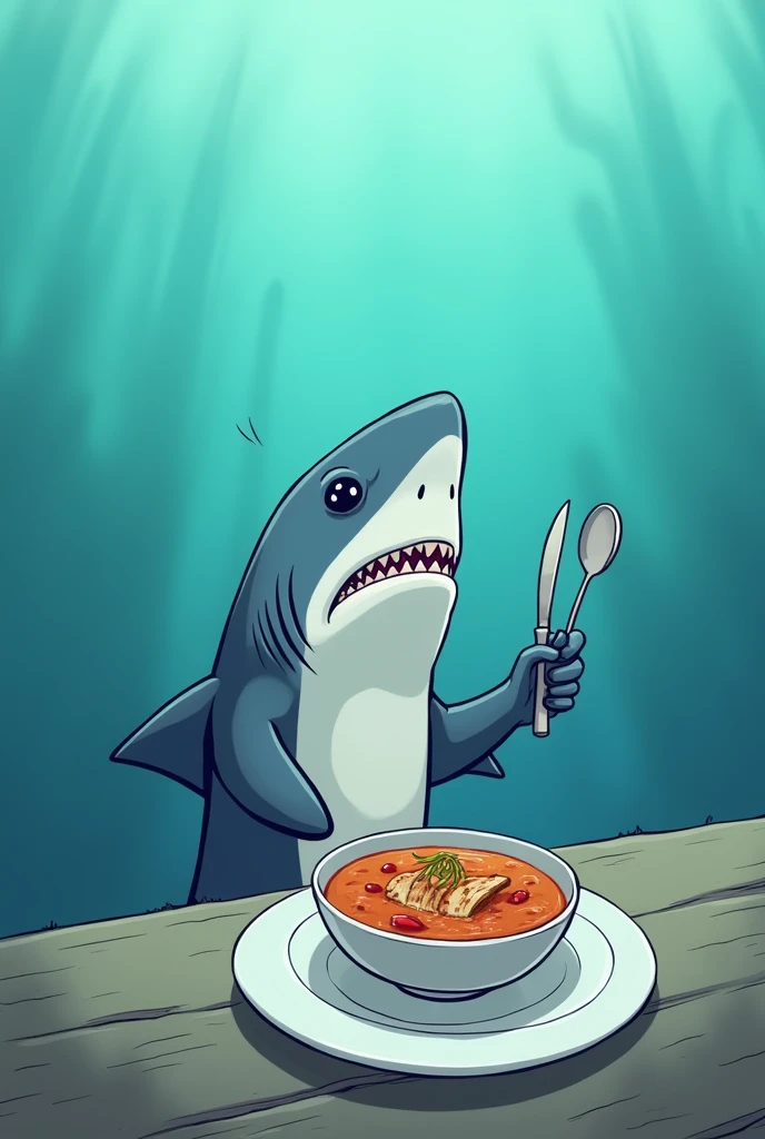 Create a cartoon drawing, it is a shark in the ocean holding a knife and spoon in front of him is a shark fin soup and he was sad while looking at it the shark is straight body and more sad (make the body symmetrical)