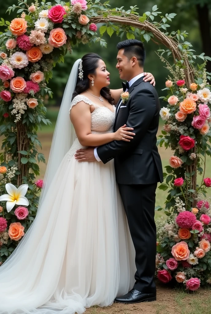 real pinoy couple fat girl amd boy slim wearing wedding with background arounding flowers 