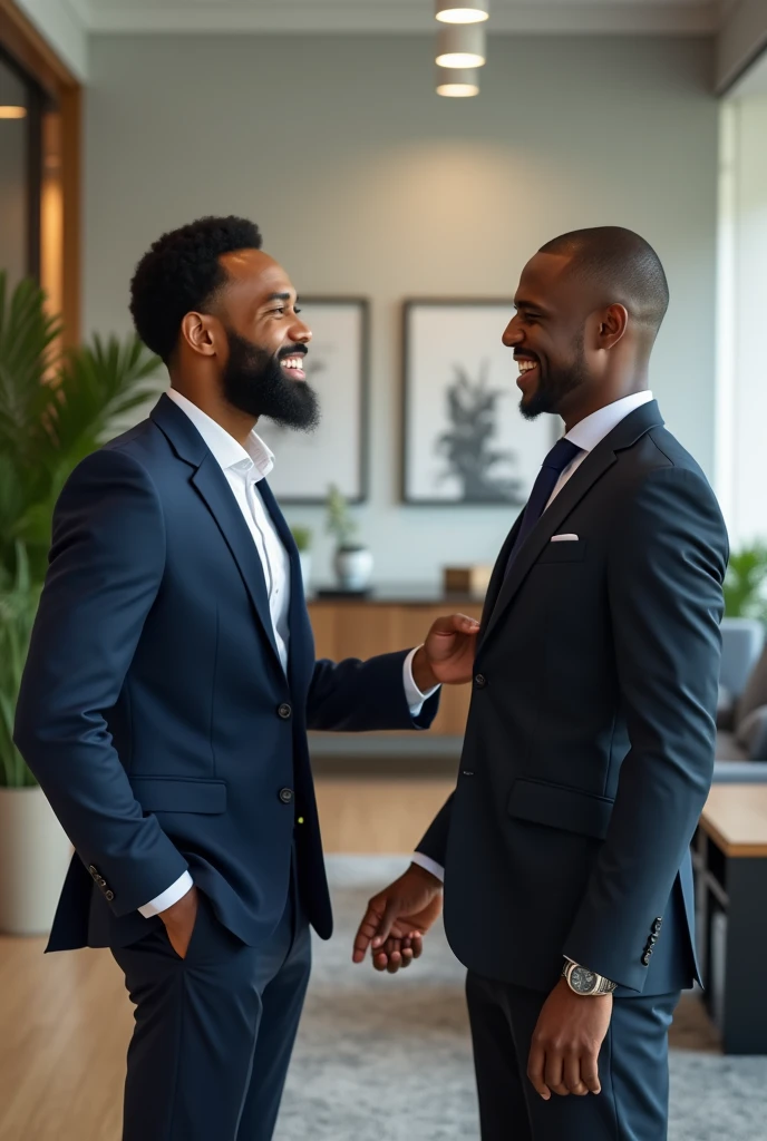 Happy somali young man with suit smiling with another somali man with suit setting in office