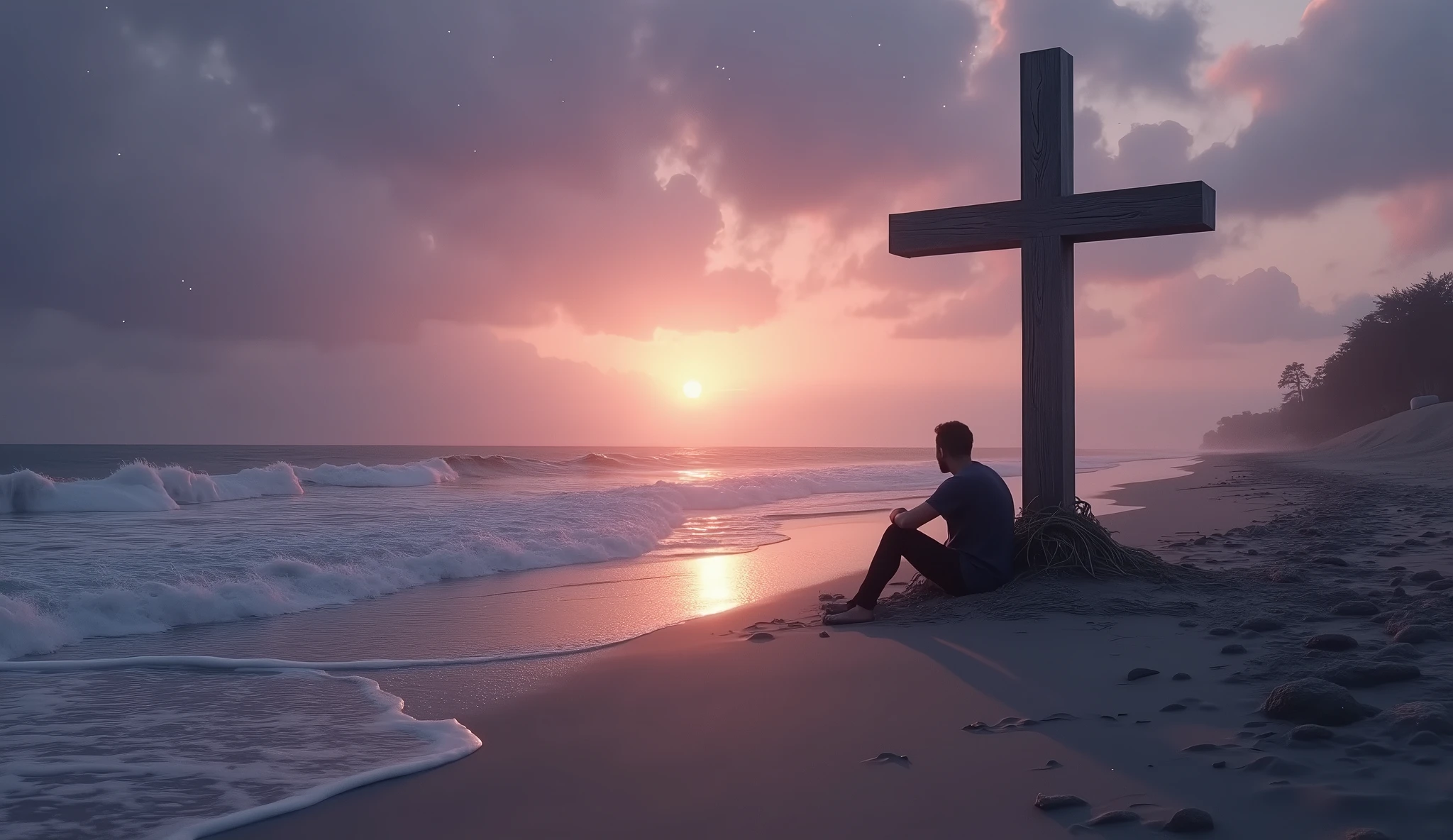Photorealistic image of a quiet, serene beach at dusk, with a large wooden cross planted firmly in the sand near the water's edge. a man is sitting next to the cross, looking out at the horizon where the sun is setting, casting a gentle, warm glow over the scene. The waves lap softly at the shore, creating a sense of peace and calm. The sky is a blend of soft purples and deep blues, with a few stars beginning to appear. The image conveys a sense of tranquility and contemplation, with a natural, soothing color palette.