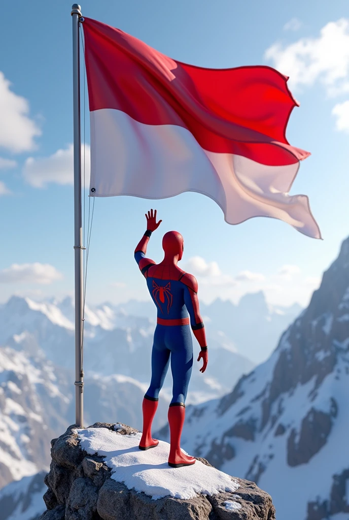 ultra realistic 3d animation spiderman respectfully raises right hand facing red and white flag fluttering background on mountain peak focus image