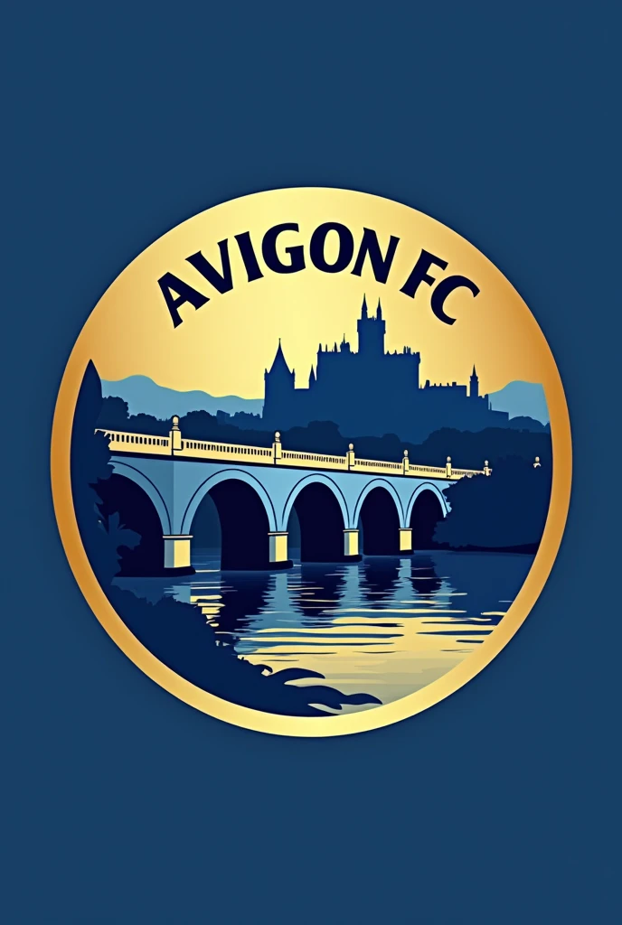 Un emblème en forme de cercle avec une silhouette du Palais des Papes en arrière-plan.
Une représentation stylisée du Pont d'Avignon au centre.
Les couleurs bleu royal et or dominent le design, avec le nom "Avignon FC" inscrit en lettres capitales en haut du logo.