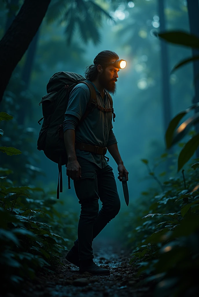 Photorealism 1.2 high detailed male long hair beard walking alone in the jungle with camping bacpack wearing hats dark night lamp on head very dark night in Asian jungle holding knife