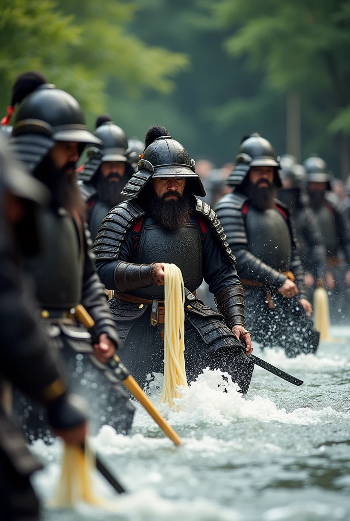Highest quality, Ultra-high resolution, 8k, RAW Photos ,Japanese Samurai、group、((Enjoy Nagashi Somen))、Expressionless、Torrent、warrior、armor、pocket、knife、beard、