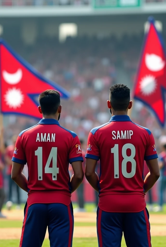 Two cricket players named aman with gercy no 14 and samip 18 in nepali cricket red gercy showing back side jercy with printed name with nepal flag and background of nepali audience cheering with nepal flag