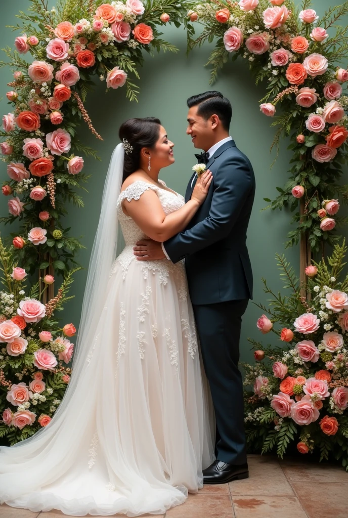 real pinoy couple fat girl amd boy slim wearing wedding with background arounding flowers 