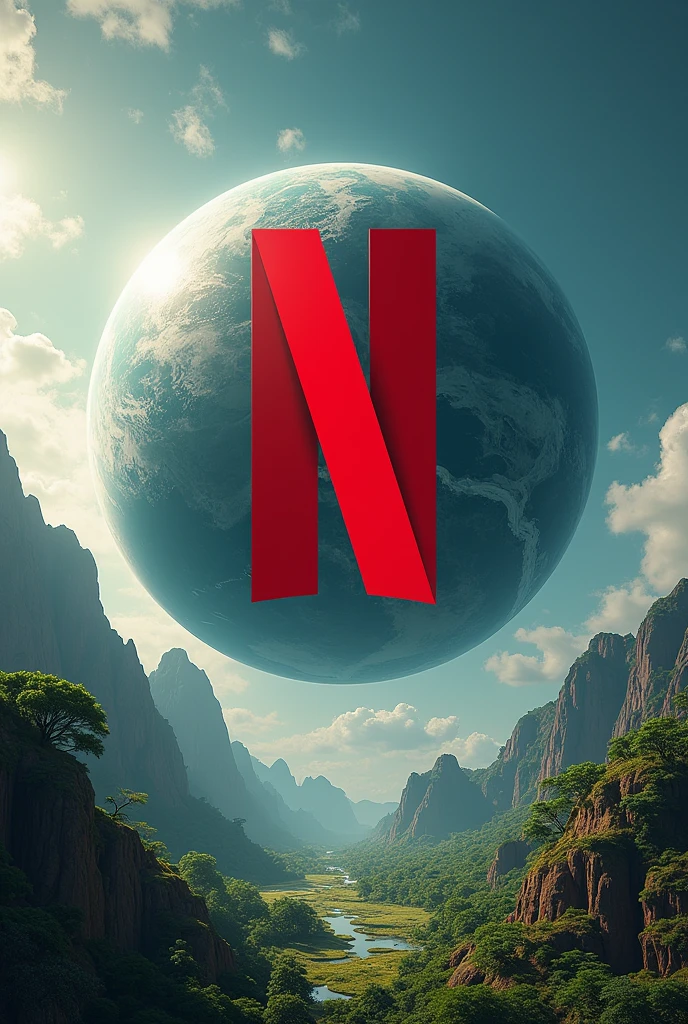 Generate a netflix logo in the middle of a planet with the letters and the letters below that say bank bins