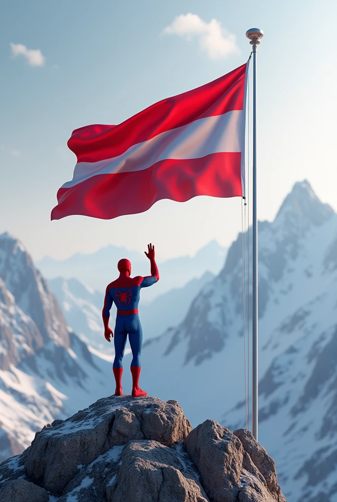 ultra realistic 3d animation spiderman respectfully raises right hand facing red and white flag fluttering background on mountain peak focus image