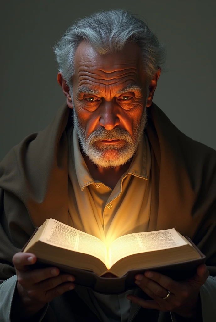 (photorealism:1.2), a man holding a bible and his eyes shines like a light..full of the power of God