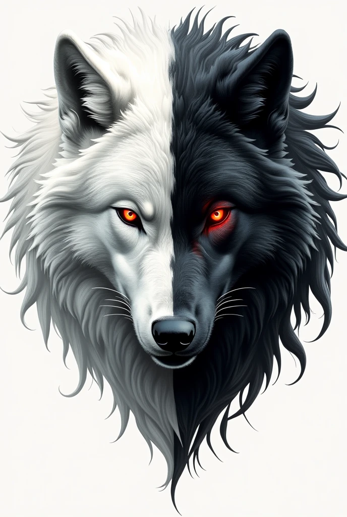 a tattoo with a white wolf and a black wolf and both with red eyes 
