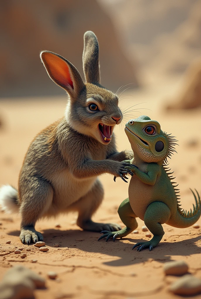 An angry rabbit holding a weak and scared iguana