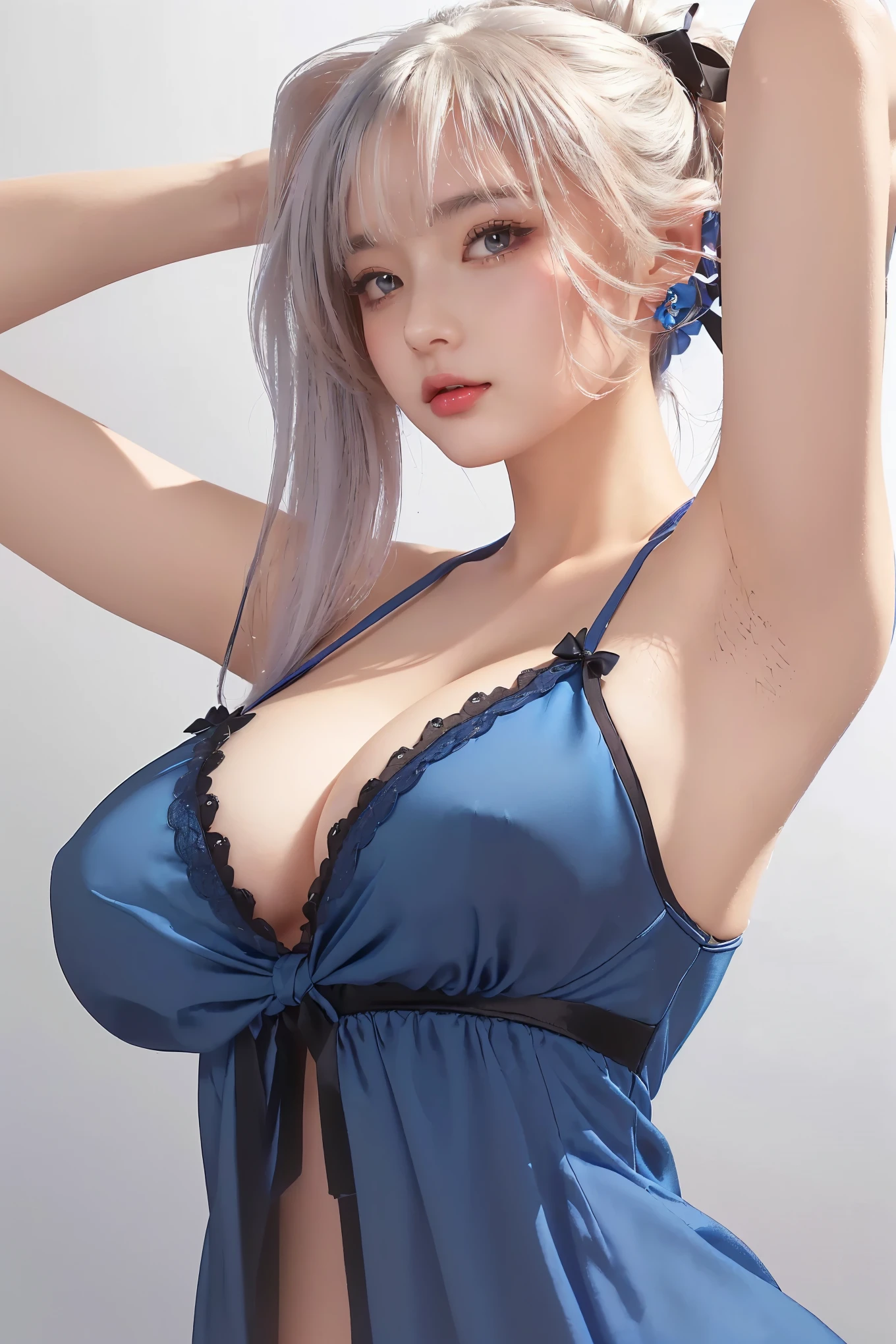 style image of a woman in a blue dress with a black bow, seductive  girl, cleavage,  in dress, extremely detailed artgerm, detailed digital  art, trending on artstation pixiv, top rated on pixiv, fine details. girls frontline, beautiful alluring  woman, | fine detail , from girls frontline