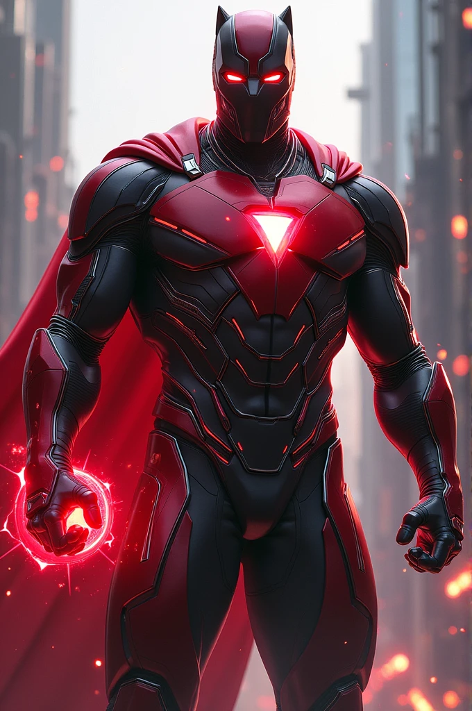 create an image of a male superhero named scarlet with a reality gem with a costume similar to black panther and nanorobots like iron man and a mask similar to covid
