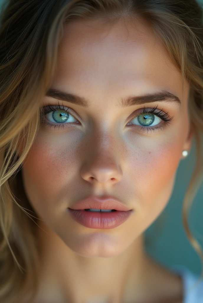 create a photograph of a beautiful woman's face with a perfect face, with one green eye and one blue eye, with smooth and clear skin, with dark blonde hair