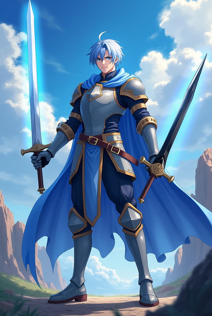 A male anime character with light blue hair. He is a brave knight. His weapons are two holy swords. The first one is a pure white sword with a light aura. The second one is a pitch-black sword with a dark aura.