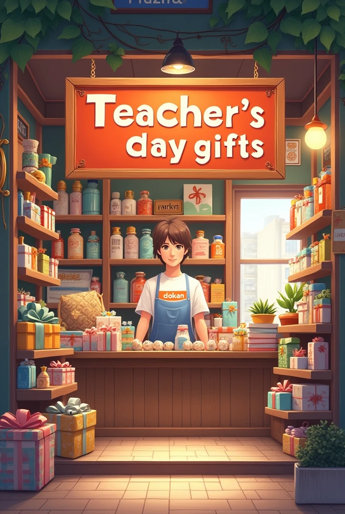 Create an image of a small gift shop with a signboard that reads 'Teacher's Day Gifts.' The shop is filled with various gift items on display. The shopkeeper, standing behind the counter, is wearing a T-shirt with the word 'DOKAN' written on it. The overall atmosphere of the shop is warm and inviting, with colorful decorations and neatly arranged gifts
