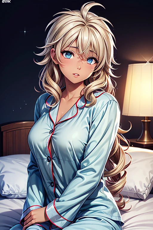 #Basic
A girl posing for a photo, (((One Girl))), (((Baby Face:1.4)) + ((cute:1.4)) + ((15 years old))), 
break 

#Clothing Accessories 
((Light blue pajamas:1.5)) : Long sleeve:1.2 + White check pattern, 
break 

#Features 
((Blonde:1.2)) + ((Bedheadのある前髪)) + ((very long transverse hair)) + ((Long Hair : Short Hair + Curly hair + Wild Hair + Voluminous Hair + Bedhead:1.5)), 
((Droopy eyes:1.4, Big eyes:1.2), blue eyes), (Small breasts:1.2), (中立的な顔のFeatures), (Tanned dark skin:1.4), 
break 

#background environment 
((morning, Bedroom)), 
#Facial Expression Pose 
((Sleepy face, Yawn, Open your mouth:1.2)), ((scratching own head)), 
#composition 
((Side angle:1.2, Cowboy Shot)),   
break 

#Body parts elements 
(Slim figure), 
(Symmetrical facial features), 
(Detailed Hair, Beautiful Hair, Shiny Hair), 
(double eyelid, Long eyelashes, Thin eyebrows:0.5, Thin eyebrows:0.5), 
(Expression of fine eyes, Beautiful and delicate eyes, Sparkling eyes, Eye Reflexes, Glitter Eyeliner), 
(Human Ear), 
(Beautiful Nose, Thin Nose), 
(Glossy Lips, Beautiful Lips, Thick lips), 
(Textured skin, Detailed skin, Textured skin, Beautiful Skin, Oily skin), 
break 

#quality 
(((最高quality)), ((masterpiece:1.3)), ((Very detailed))), ((Ultra-high resolution)), ((16K)), ((1080P)), ((Full HD)), 
((Anatomically correct)), ((Realistic)), (3DCG), ((Oil painting)), 
((comics, anime)), (CG illustration), (RAW Photos), 
