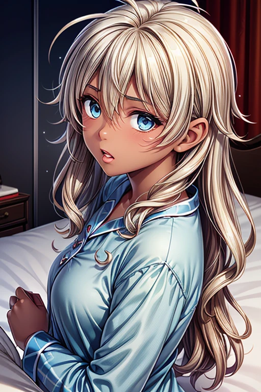 #Basic
A girl posing for a photo, (((One Girl))), (((Baby Face:1.4)) + ((cute:1.4)) + (())),
break
#Clothing Accessories
((Light blue pajamas:1.5)) : Long sleeve:1.2 + White check pattern,
break
#Features
((Blonde:1.2)) + ((Bedheadのある前髪)) + ((very long transverse hair)) + ((Long Hair : Short Hair + Curly hair + Wild Hair + Voluminous Hair + Bedhead:1.5)),
((Droopy eyes:1.4, Big eyes:1.2), blue eyes), (Small breasts:1.2), (中立的な顔のFeatures), (Tanned dark skin:1.4),
break
#background environment
((morning, Bedroom)),
#Facial Expression Pose
((Sleepy face, Yawn, Open your mouth:1.2)), ((scratching own head)),
#composition
((Side angle:1.2, Cowboy Shot)),
break
#Body parts elements
(Slim figure),
(Symmetrical facial features),
(Detailed Hair, Beautiful Hair, Shiny Hair),
(double eyelid, Long eyelashes, Thin eyebrows:0.5, Thin eyebrows:0.5),
(Expression of fine eyes, Beautiful and delicate eyes, Sparkling eyes, Eye Reflexes, Glitter Eyeliner),
(Human Ear),
(Beautiful Nose, Thin Nose),
(Glossy Lips, Beautiful Lips, Thick lips),
(Textured skin, Detailed skin, Textured skin, Beautiful Skin, Oily skin),
break
#quality
(((最高quality)), ((masterpiece:1.3)), ((Very detailed))), ((Ultra-high resolution)), ((16K)), ((1080P)), ((Full HD)),
((Anatomically correct)), ((Realistic)), (3DCG), ((Oil painting)),
((comics, anime)), (CG illustration), (RAW Photos),