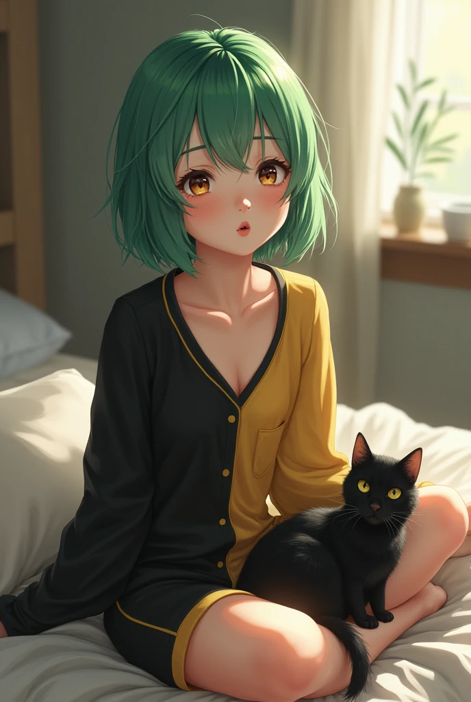 A girl with short, green hair , brown eyes, pink lips and very pale skin. You're sitting on your bed in black and yellow pajamas.. With his black cat at his side.