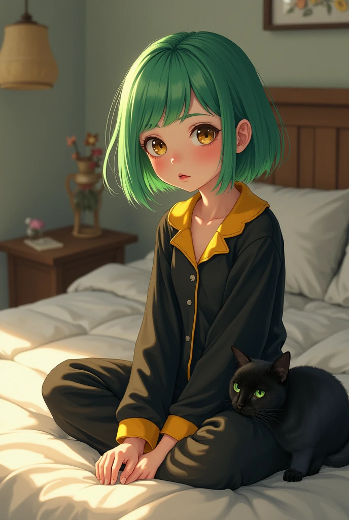 A girl with short, green hair , brown eyes, pink lips and very pale skin. You're sitting on your bed in black and yellow pajamas.. With his black cat at his side.