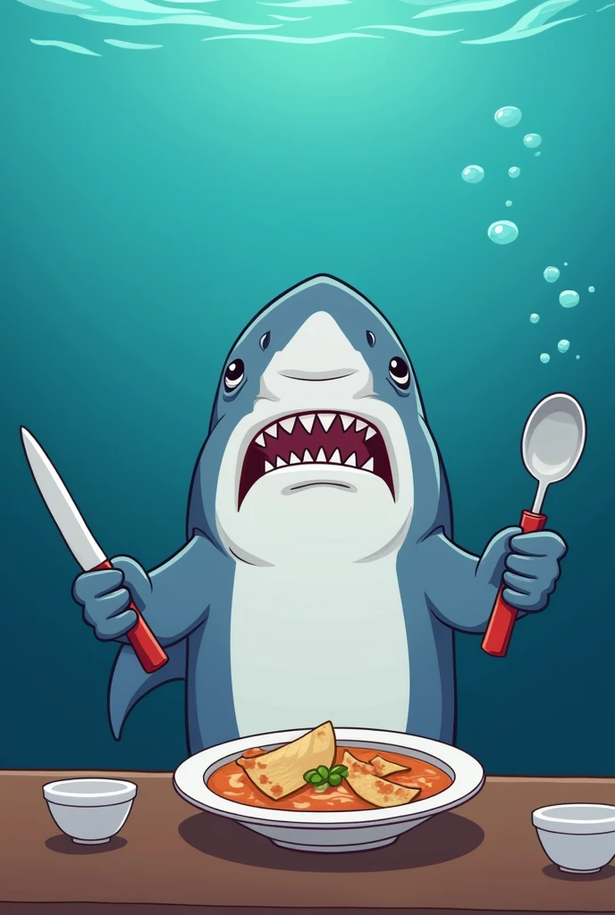 Create a cartoon drawing, it is a shark in the ocean holding a knife and spoon in front of him is a shark fin soup and he was sad while looking at it the shark is straight body and more sad (the shark is facing in front)