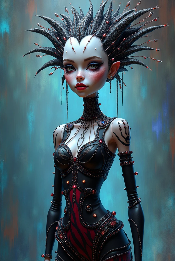 Very beautiful bald woman posing for camera with spider legs, arachne, red eyes