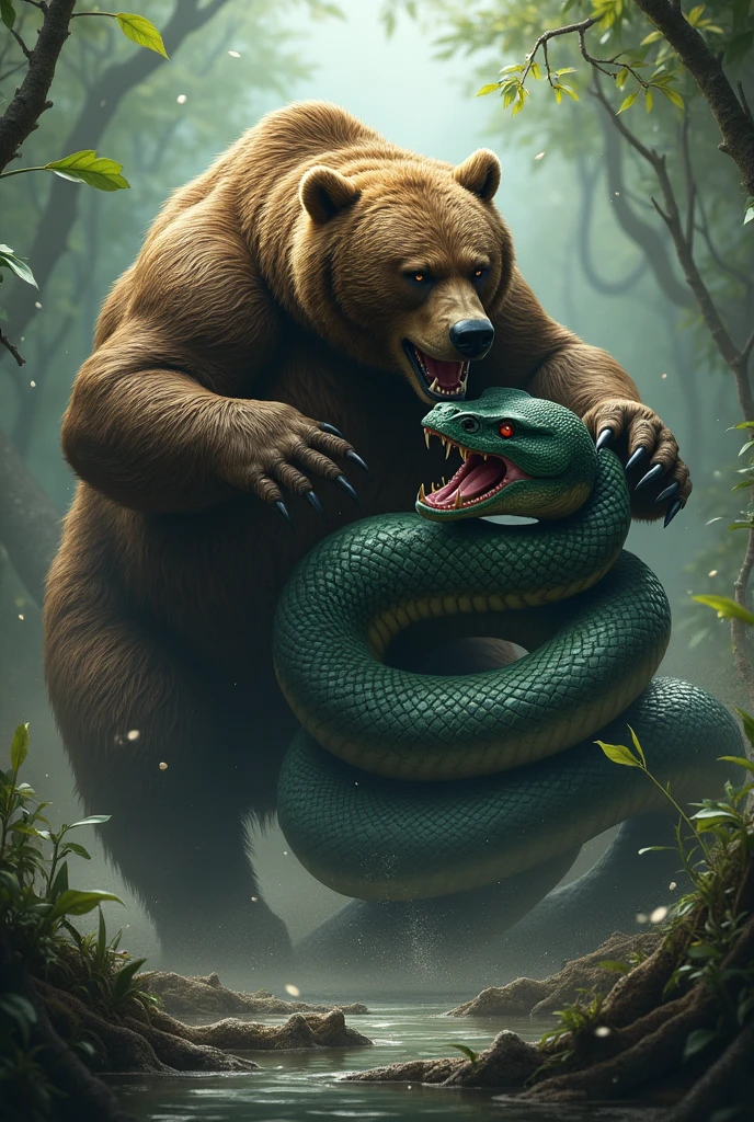 A bear attacking with power and ferocity an anaconda the fight is happening in a swamp environment