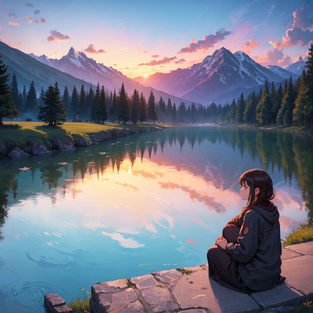 a girl sitting by a lake, staring into the distance surrounded by mountains and a beautiful sunset with many colors