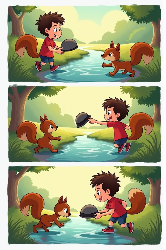 4. Panel 4:
   Caption: While playing by the stream, a mischievous squirrel stole Max's hat.
   Max: "Oh no! When did that happen?"
   Ruby: "If we work together, we can catch the squirrel and get your hat back."

5. Panel 5:
   Caption: After a fun chase, they finally caught the squirrel and retrieved Max's hat.
   Max: "Yay, we did it! Thanks, Ruby!"
   Ruby: "Anytime, Max. It's always an adventure with you."

[End of comic strip]