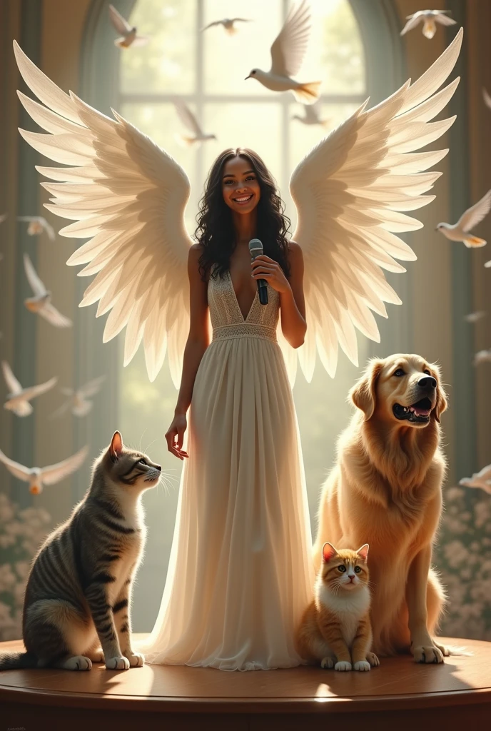 A 26-year-old brown-skinned girl ,with big wings like an angel with a smile and has braces on his teeth , her black wavy hair with a long white dress like a Goddess on a stage full of doves with a microphone , Next to her are her 3 pets, a large gray Angora cat, lead-colored, with big cheeks, his name is Polo, and her other pet, which is a yellow and white kitten, her name is Nini, she is smaller, and her last pet, which is a large, beige Golden dog, his name is Osito, on stage he has a big name that says Angeles.