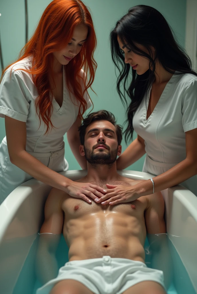 ultra realistic, photography, two girls: one with long straight red hair, (24 years old, hourglass figure, perfect body, natural medium breasts), the other one: long black straight hair, (30 years old, hourglass figure, perfect fit body, natural big breasts) they are wearing sexy nurse outfits with great cleavage, perfect round cleavage,, they have perfect round cleavage, great cleavage, they are sexy nurses in a hospital, they are bathing a handsome man, he is 30 years old with brown short hair, he is naked in the bathtub filled with warm water, they are standing outside of the bathtub and cleaning his thighs with a wet sponge, he has his eyes closed and lips slightly parted