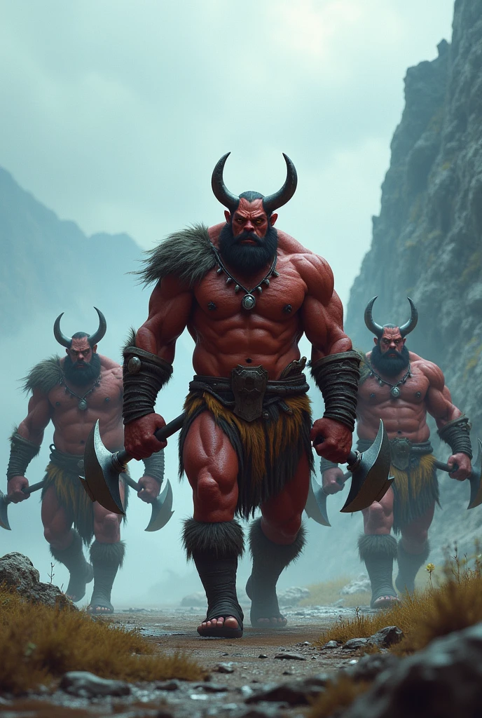 Three ogres standing in a misty mountain landscape。The ogres are muscular.々in、Wearing a tiger striped loincloth、In one hand he holds a large, spiked metal club.。The leading ogre in front、獰猛in威圧的な表情in、Looking directly at the viewer。There are two ogres behind him.。The image was taken from a low angle、Looking up at the ogres。[Thick on the forehead、Short、The corners of the cone１Hon-grown]、The ogres are taking big steps forward、肌はワインのように赤いinす。Get your whole body in the frame、ゆっくりと進撃しているポーズin描かれています。