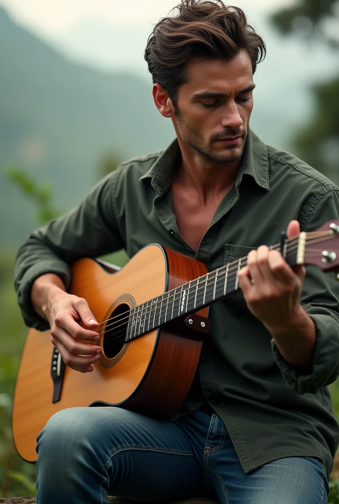 handsome man playing guitar realistic