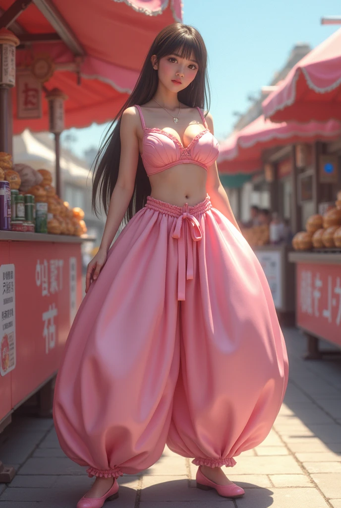 Japanese high school girl, solo, fullbody shot, Deep cleavage, J cup breasts, Huge Breasts, Voluptuous, Brown eyes, Brown long straight hair in a Hime Cut, standing near a takoyaki stall, wearing an Arabian outfit consisting of only Humongous Inflatable Satin Full Length princess Jasmine-style Harem Pantaloons with her belly button exposed, pink flats, and a plain J Cup Satin Strapless Bra. The pants and bra are light pink and extremely puffy and completely round and completely spherical, high quality.