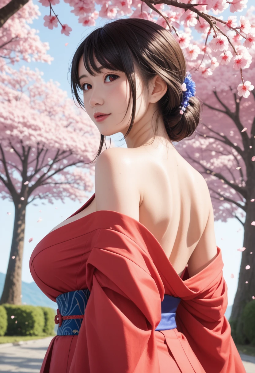 highest quality, Perfect Face, Complex, Beautiful views, Ultra-realistic 8K CG,Perfect artwork, 1 female, Sayuri, Young Face, Round face, Droopy eyes, smile, alone, Appearance like a female teacher, wear Kimono, Cool colored clothes, Show me your back, yukata, Side lighting, Shallow and sharp depth of field, Realistic