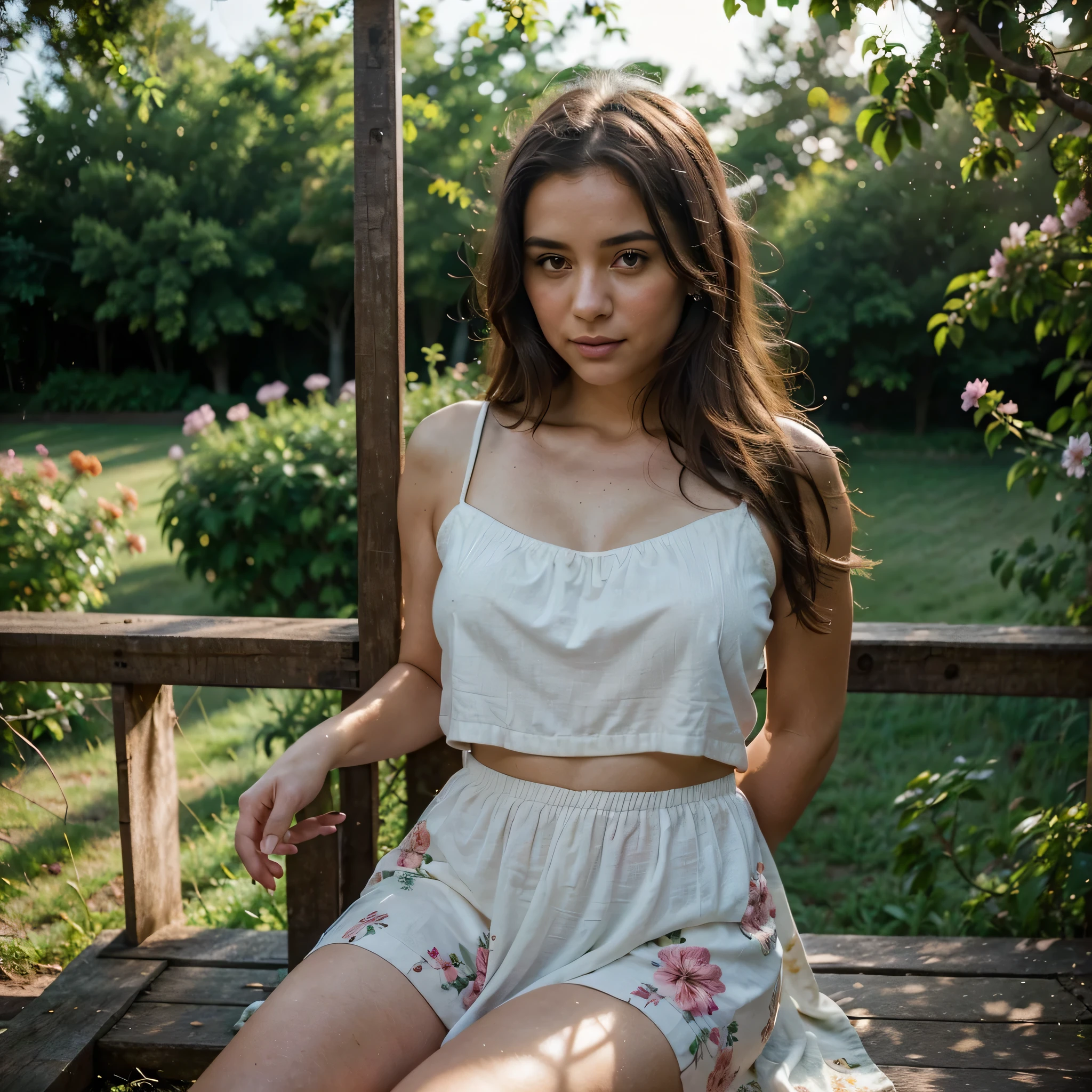 A 35-year-old woman standing gracefully in a blooming garden during the golden hour, softly lit by the warm sunset light. She poses slightly sideways to the camera, with one leg crossed in front of the other, one hand resting on her hip, and the other gently touching her hair. The angle is slightly low, emphasizing her height and confidence, with her face glowing beautifully. The background features blurred flowers, greenery, and a hint of a rustic wooden fence, creating a dreamy bokeh effect. Subtle details include a soft breeze ruffling her hair and a few petals falling around her. Photographed with an 85mm lens, capturing the elegance, beauty, and empowerment of the moment.