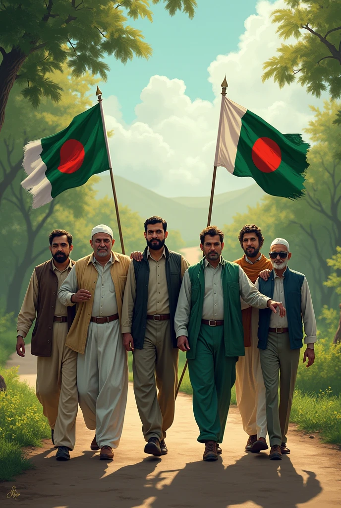 The Pakistanis man with Pakistani flag are walking the path with their hands on the shoulders of the Bangladeshis man with Bangladeshi flag