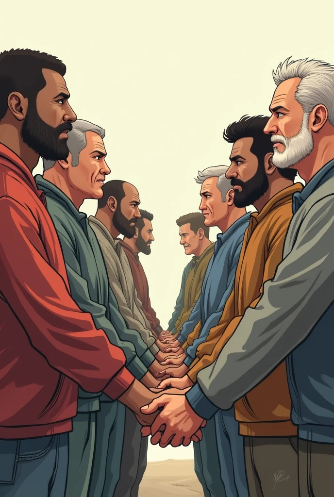In the background there are seven persons make chain of all seven persons all should be men