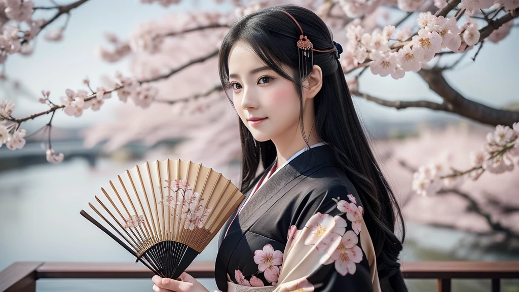 Realistic photos, Beautiful Eyes, Flowing black hair, Elegant kimono, Cherry blossom background, Traditional folding fan, Calm expression, Soft lighting, Traditional Japanese art style, Vibrant colors, Peaceful atmosphere, Delicate features, Graceful posture