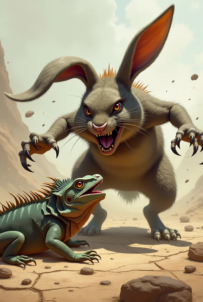 An angry rabbit killing a weak and scared iguana