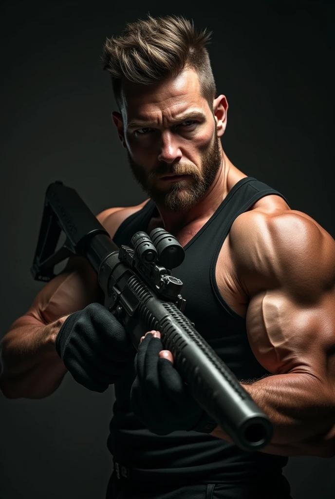 ((masterpiece)), ((best quality:1.2)), high resolution, 8K, (extremist_Practical:1.3), (photoPractical:1.4), Male focus, 1 boy, backwards have, arms, Vest, shorts,Leather Boots,solitary, white Vest, 步gun, shorts, wristwatch, gun, Keep arms, muscular, Keep, watch, assault 步gun, Baseball cap, Keep gun, have, short hair, black shorts, Big bulge,Excellent J8,Chest muscles, muscular male, looking at the audience, Brown eyes, 仅have的, Jewelry, Black Hair, bracelet, Practical,Perfect hand details