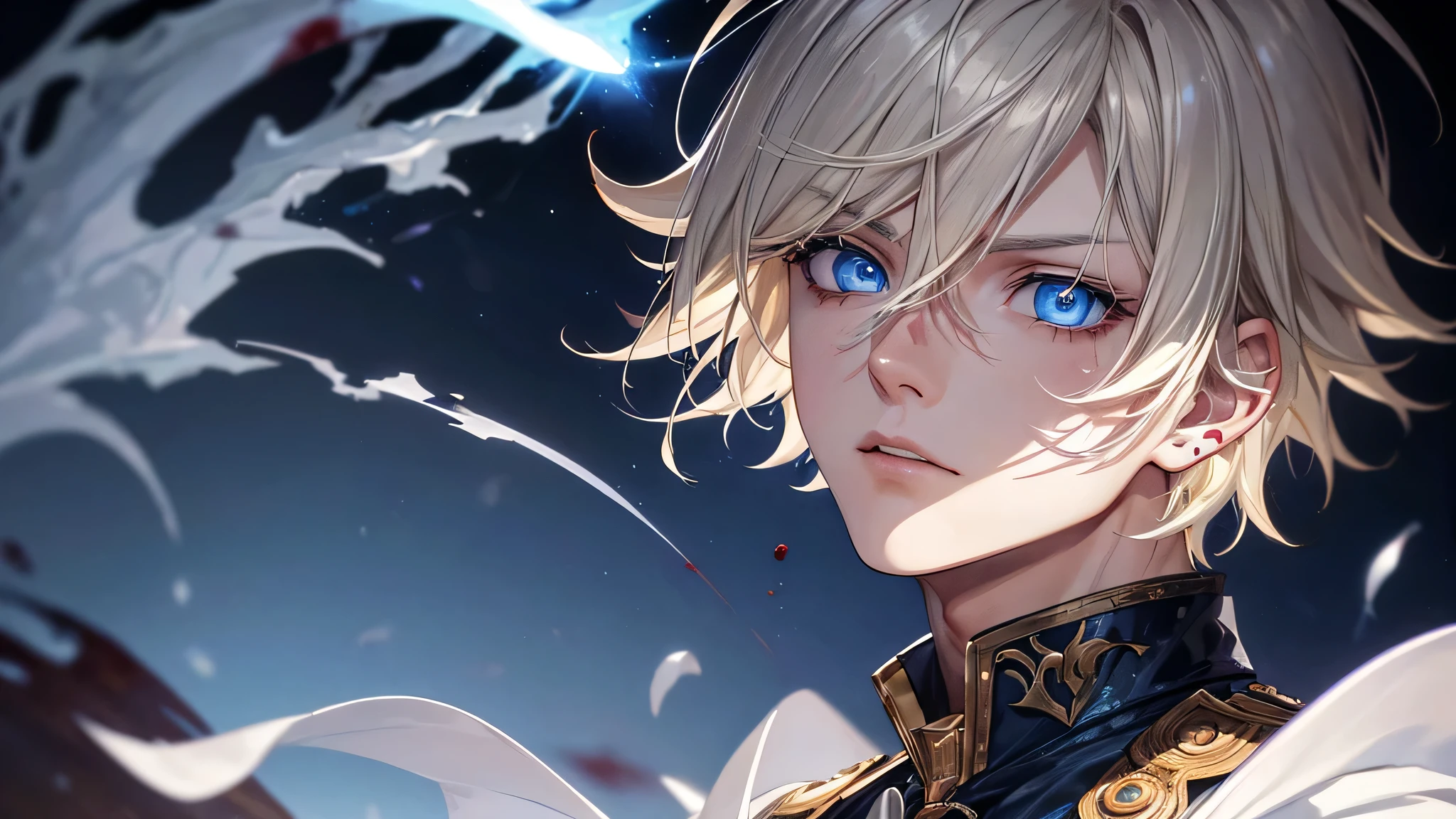 1 Male, handsome, short blonde hair, wolf ear, wolf man, (masterpiece:1.2、highest quality), (Exquisite blue eyes: 1.2), (Detailed Background、Dark fantasy), (cool detailed face), High Contrast, (Best lighting、Very delicate and cool), ((Cinema Lighting)), white dirty shirt, blood splatter, Hyper Detail, Dramatic Light, Intricate details, serious face, moon behind (21years old, 1 boy, solo, blonde short hair, messy hair,Sharp Face, blue eyes, hair between the eyes, Dynamic), (Blood splatter:1.4), Black light swirling around the character, Depth of written boundary, light particles, Spectacular anime style, zerochan art, Anime Wallpaper, High quality anime art style, Key Anime Art