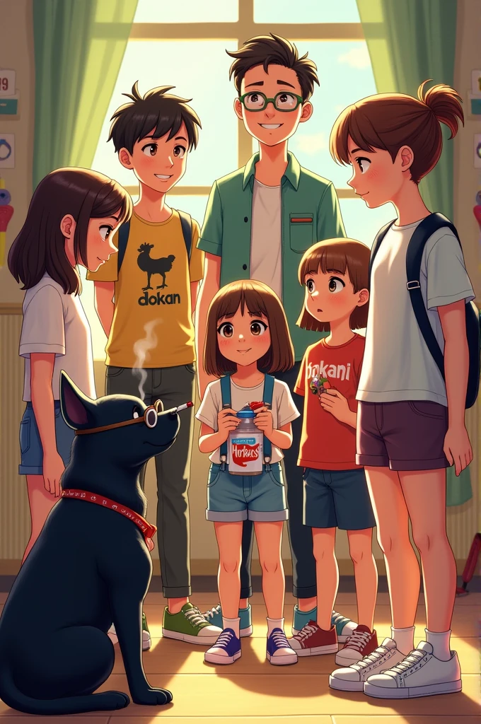 Create a lively and joyful scene in a room with six people: three girls and three boys. The first girl is standing in front of a black dog wearing glasses with a cigarette in its mouth. The second girl is standing in front of a stylish and smart-looking chicken. The third girl is a bit chubby but very cute, holding a Horlicks jar in her hand. In the boys' group, the first boy is tall, wearing stylish clothes with glasses, and has a drum hanging around his neck. The second boy is wearing a T-shirt with the word 'DOKAN' spelled out on it. The third boy is standing simply. Everyone in the room is smiling and happy."